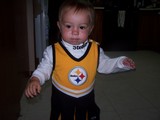 Mary in a Steelers cheerleading outfit.