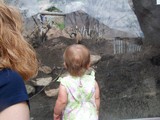 Mary and Sherri looking at and standing in front of the meerkats cage (a glass case front)