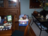 Mary slumped over, asleep, in her high-chair.