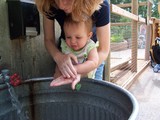 Mary and mommy bent over the steel pail washing their hands from the spigot.